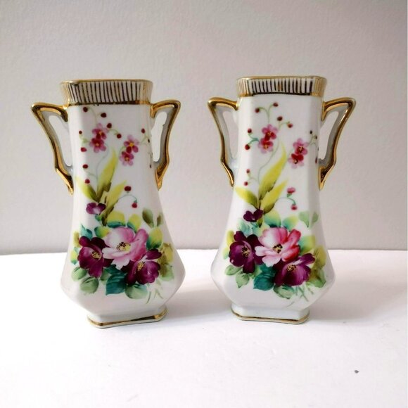 Pair of Vintage Hand Painted Bud Vases, Japan Floral Mini Porcelain Vase Gold
